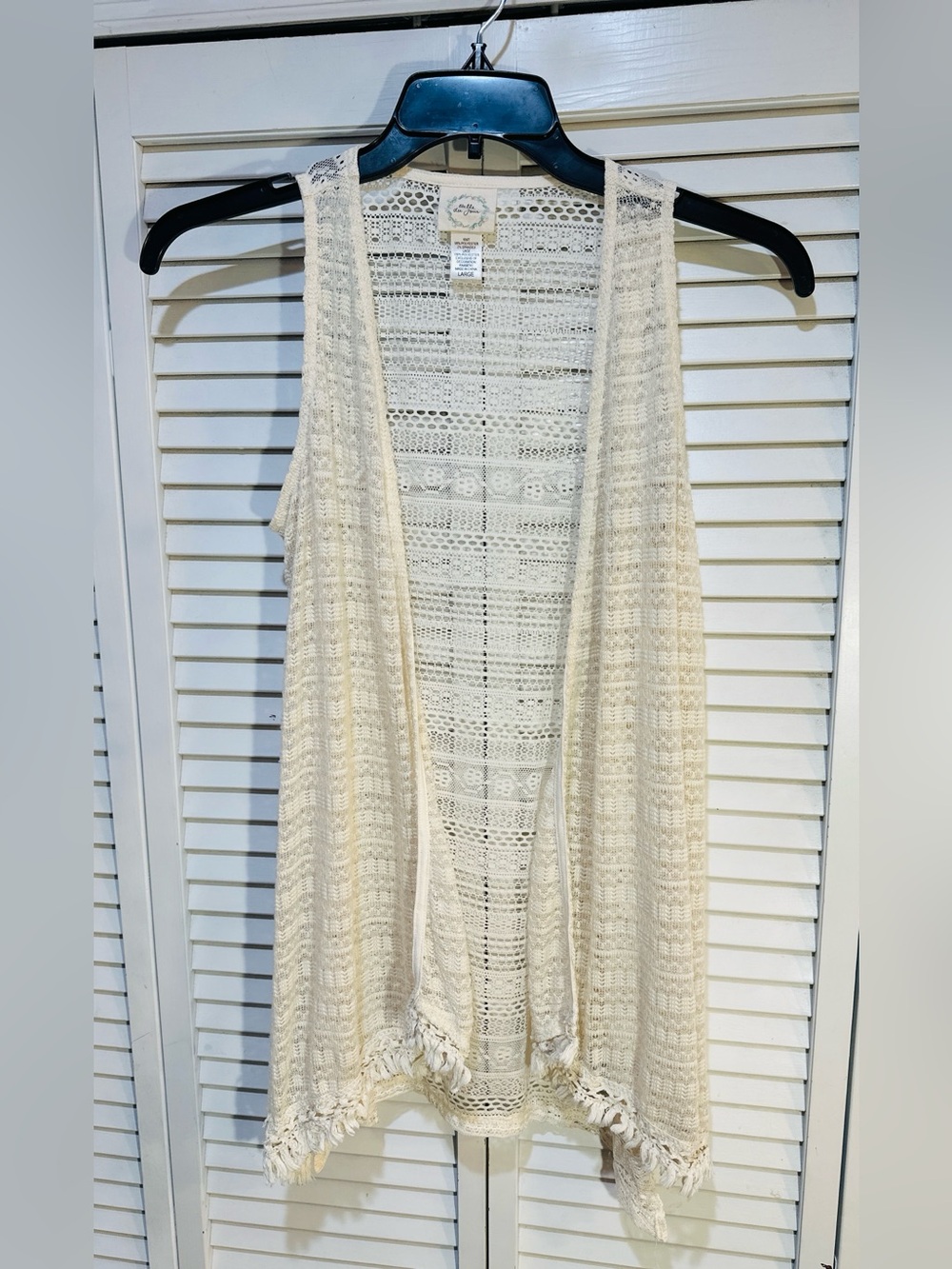 Boho Fringe Crochet Lace Vest Large Ivory Open Front Festival Style - Picture 2 of 10